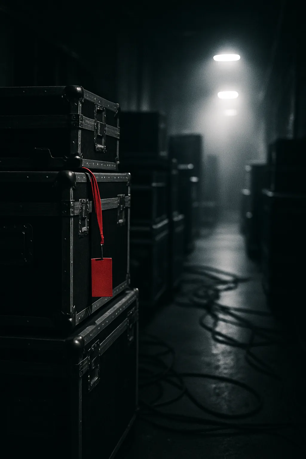 Cajas de gira y cables en el backstage de un estadio