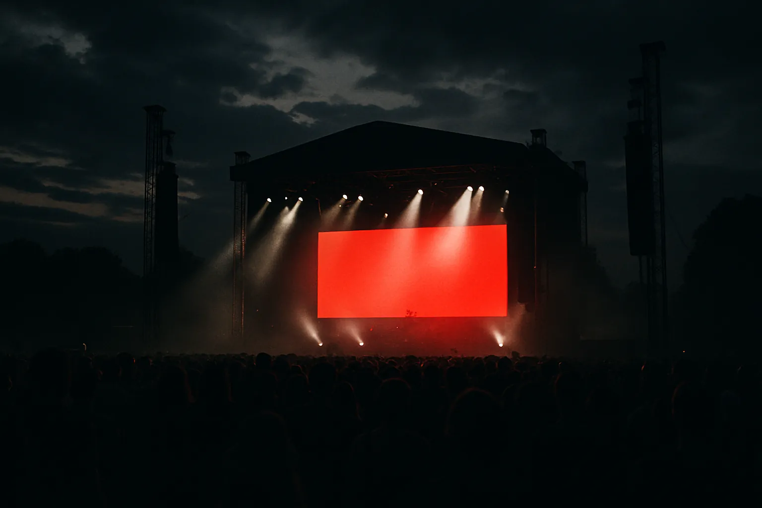 Festival al aire libre al atardecer con una pantalla roja