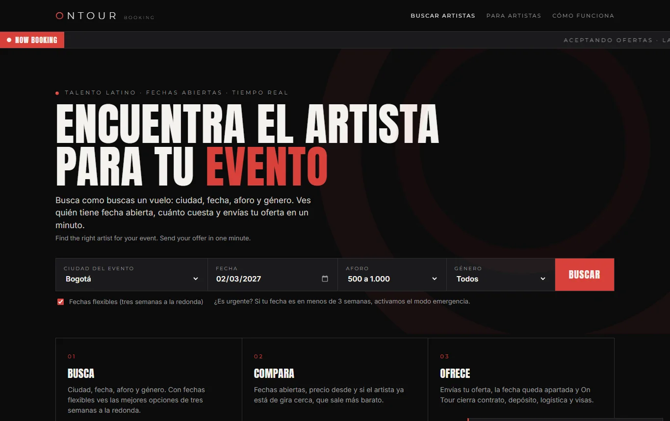 Buscador del portal de booking de ONTOUR: ciudad, fecha, aforo y género