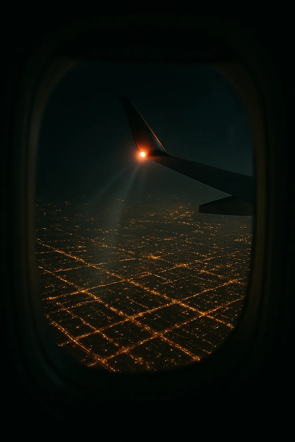 Ventana de avión de noche sobre las luces de una ciudad