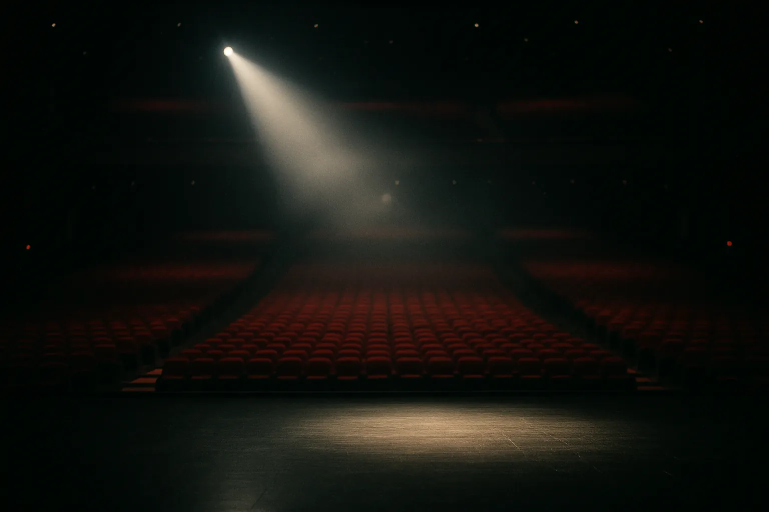Teatro con butacas rojas visto desde el escenario, con un seguidor de luz